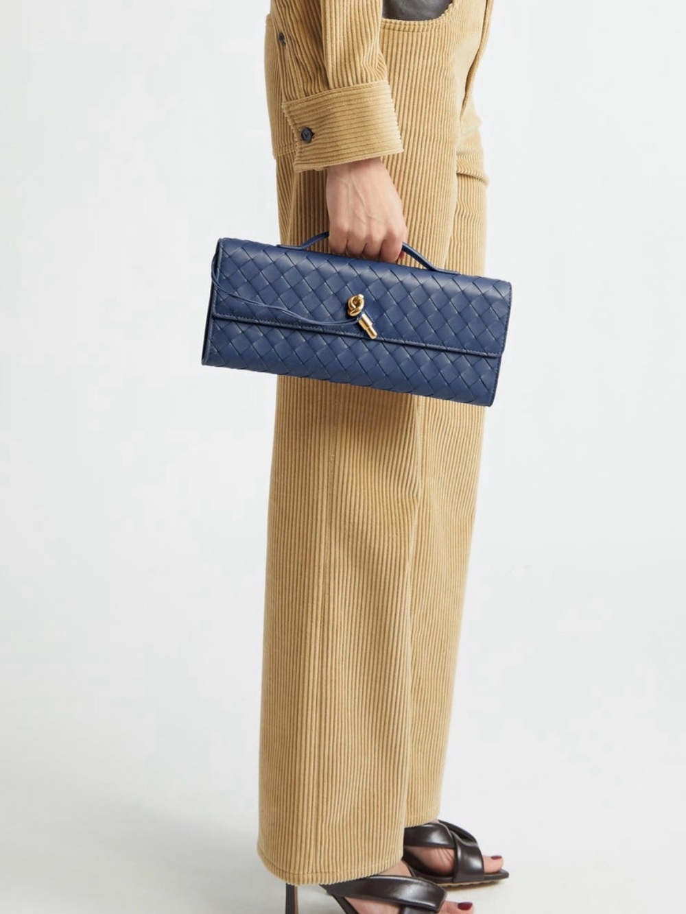 Bottega Veneta andiamo clutch metallic Gold or Denim blue suede